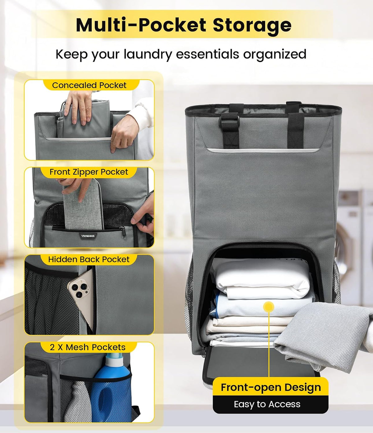Vorspack Laundry Backpack for College Students, 2 in 1 Laundry Bag, Grey