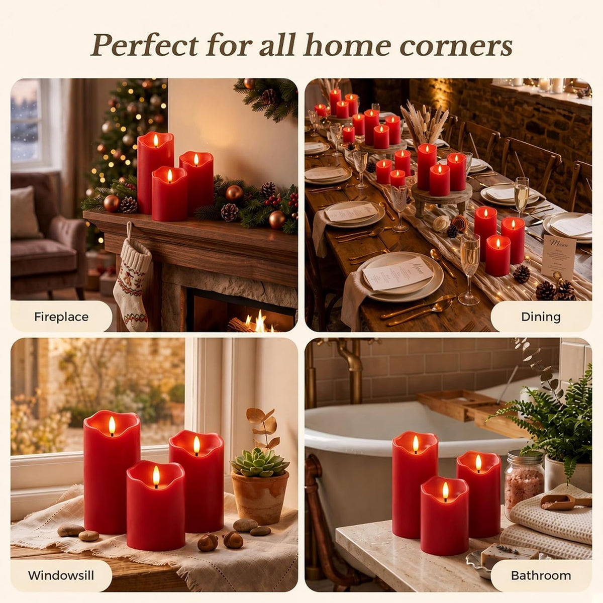 Goodluck Real Paraffin Wax Flameless Pillar Candles, Set of 3 - Red