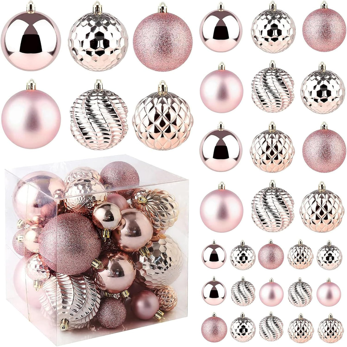 Christmas Balls Ornaments -36pcs Shatterproof Christmas Tree Decorations with Hanging Loop for Xmas Tree Wedding Holiday Party Home Decor,6 Styles in 3 Sizes(Rose Gold)