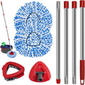 Spin Mop Handle Mop Heads and Base Replacement Sets Compatible with O Cedar EasyWring Rinseclean 2 Tank System, Flexible & Reusable(1 Sets Stainless Steel Handle & 2 Refills & 1 Base & 1 Scrub Brush)