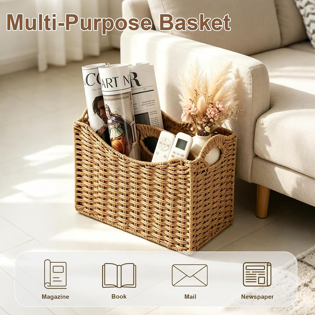 Wicker Magazine Holder,Handwoven Magazine Basket,Paper Rope Magazine Rack