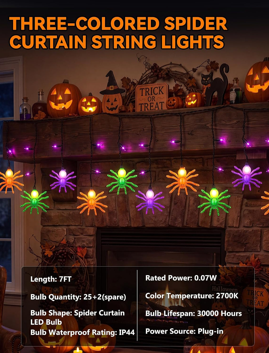Halloween Spider String Lights, 7Ft Halloween Decorations Lights with 10 LED Colorful Spider Lights 15 Mini Purple Bulbs, Hanging Fairy Lights UL Listed for Outdoor Curtain Porch Bar Party Decor