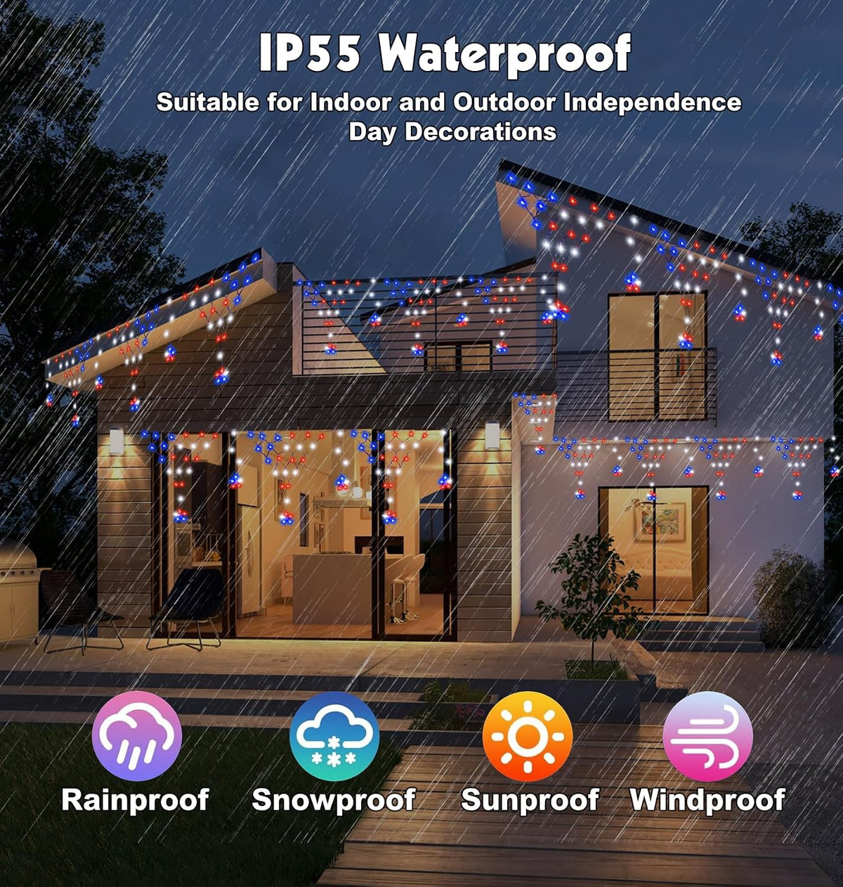 DANLI 4th of July Lights 13.8ft 200 LED Red White Blue Net Lights with 12 Stars,8 Modes Curtain Lights with Remote Timer,Dimmable & Waterproof for Outdoor Decorations Balcony Porch Fence Window
