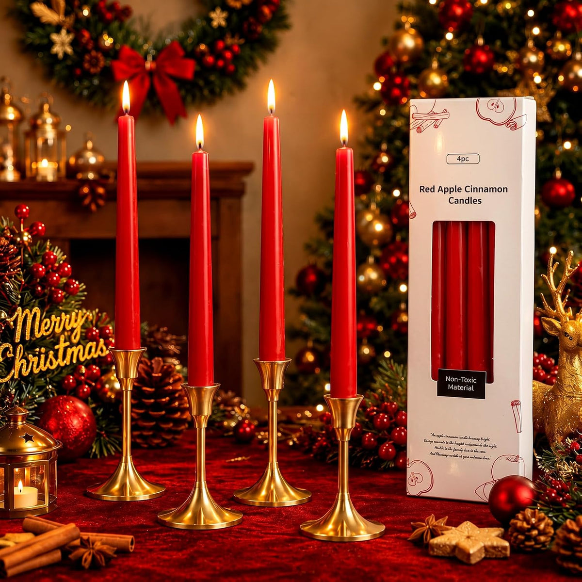 Conelist 4 Pcs 9" Christmas Cinnamon Apple Taper Candles, Dripless Beeswax