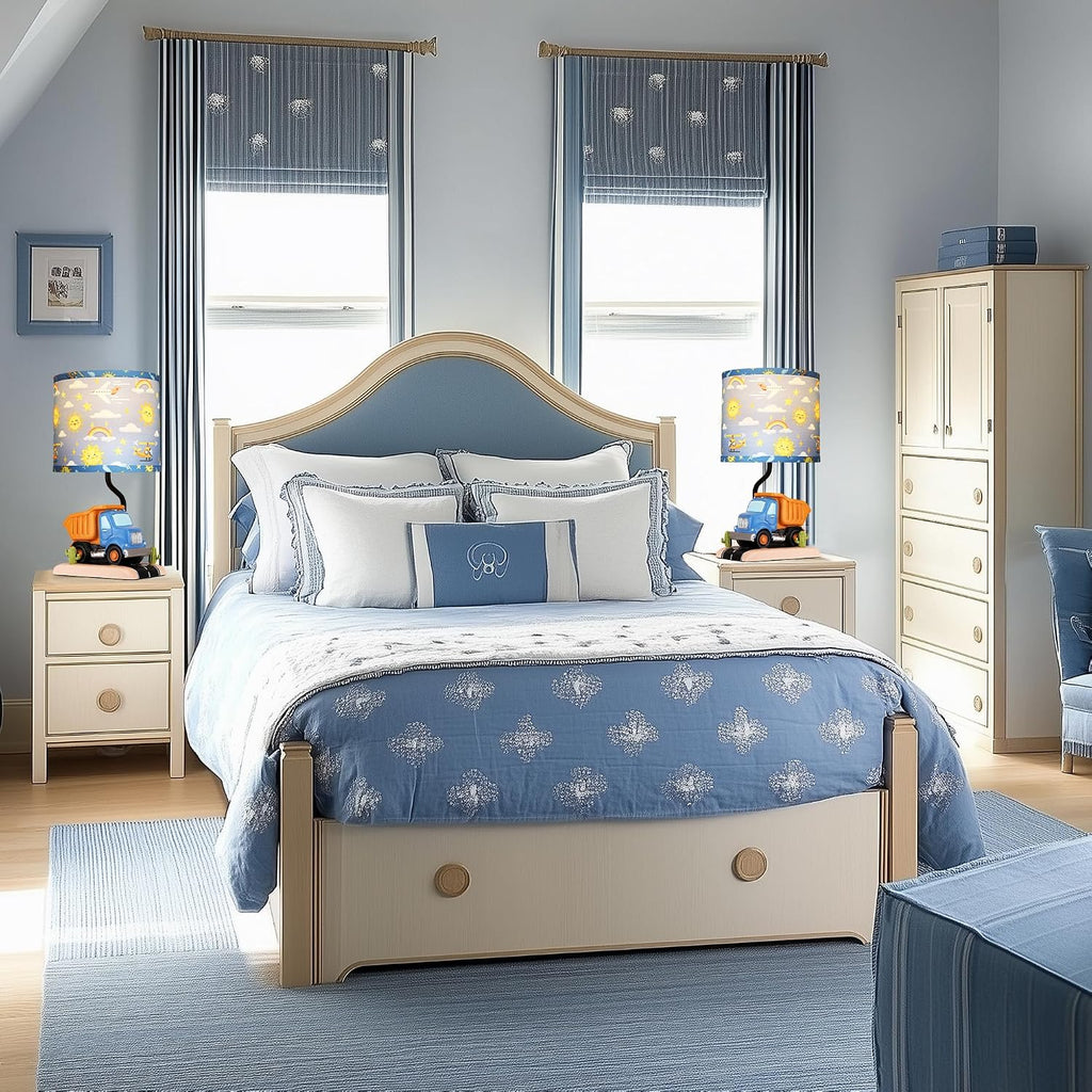 Hamucd Car Bedside Table Lamp for Kid, Truck Nursery Lamp for Boy Girl Bedroom Nightstand Study Room,Cute Desk Lamp with Blue Lampshade for Toddler Playing Room Classroom Decor,1 LED Bulb Included