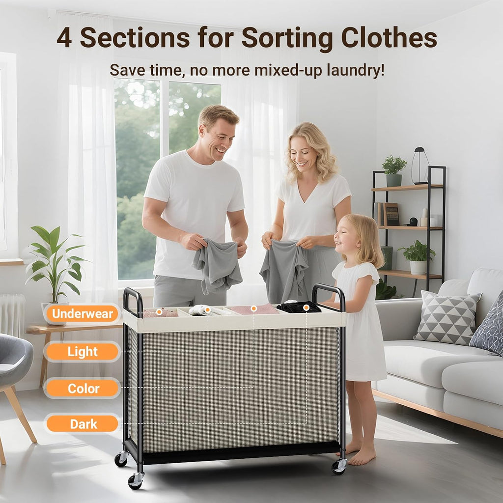 ELYKEN Laundry Hamper 4 Section, 140L Rolling Laundry Sorter with Wheels