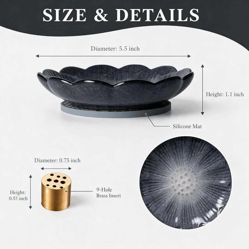 Pinehaven Ceramic Lotus Incense Holder – 5.5 Inch Hand-Sculpted Tray, Brass 9-Hole Insert for Sticks, Palo Santo, Sage & Cones – Japanese Zen Home Décor for Meditation (Black)