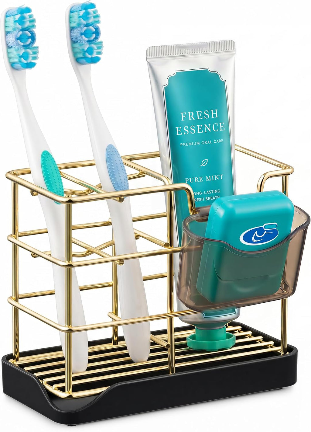 HBlife Toothbrush Holders for Bathrooms Gold, Small Stainless Steel Bathroom Toothbrush Holder with Tray, Bathroom Accessories and Apartment Essentials