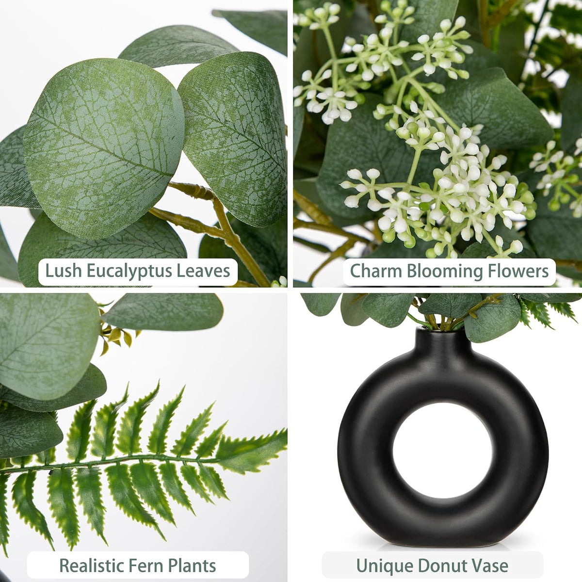Artificial Eucalyptus Stems in Ceramic Vase 14.23" Fake Eucalyptus Plant Decor Black Donut Vase with Greenery Centerpiece Table Decorations Small Faux Green Plant for Home Farmhouse Wedding Table