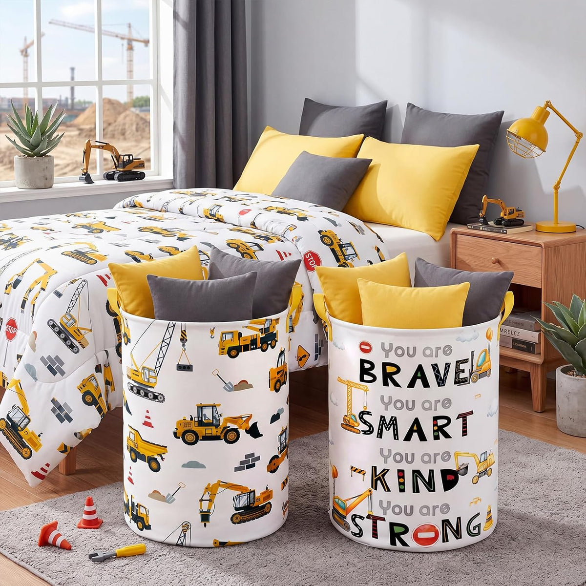2 Pcs Construction Laundry Hamper Basket Construction Room Decor Large 19.7x14.6 Inch Round Collapsible Excavator Truck Toy Clothes Storage Organizer for Bedroom Decor Playroom