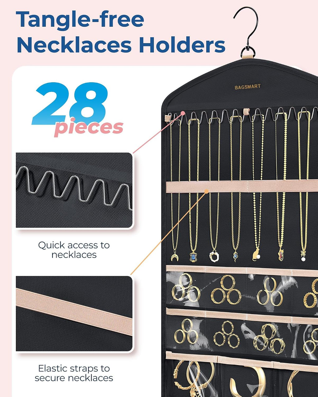 BAGSMART Hanging Jewelry Organizer with Hanger Metal Hooks Double-Sided Jewelry Holder for Organizing Earrings Necklaces Rings Perfect for in Hanging Closet, Wall, Door, 1 Piece, M, Black