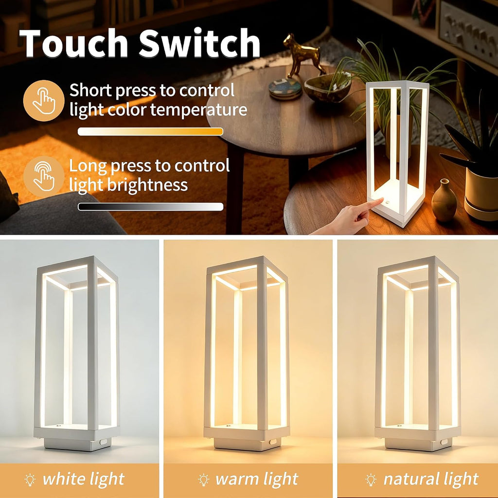 Mr.White IP54 Waterproof Outdoor LED Table Lamp - Battery Operated Rechargeable Cordless 5200mAh, Dimmable 3 Color Temperatures for Patio Backyard (White)