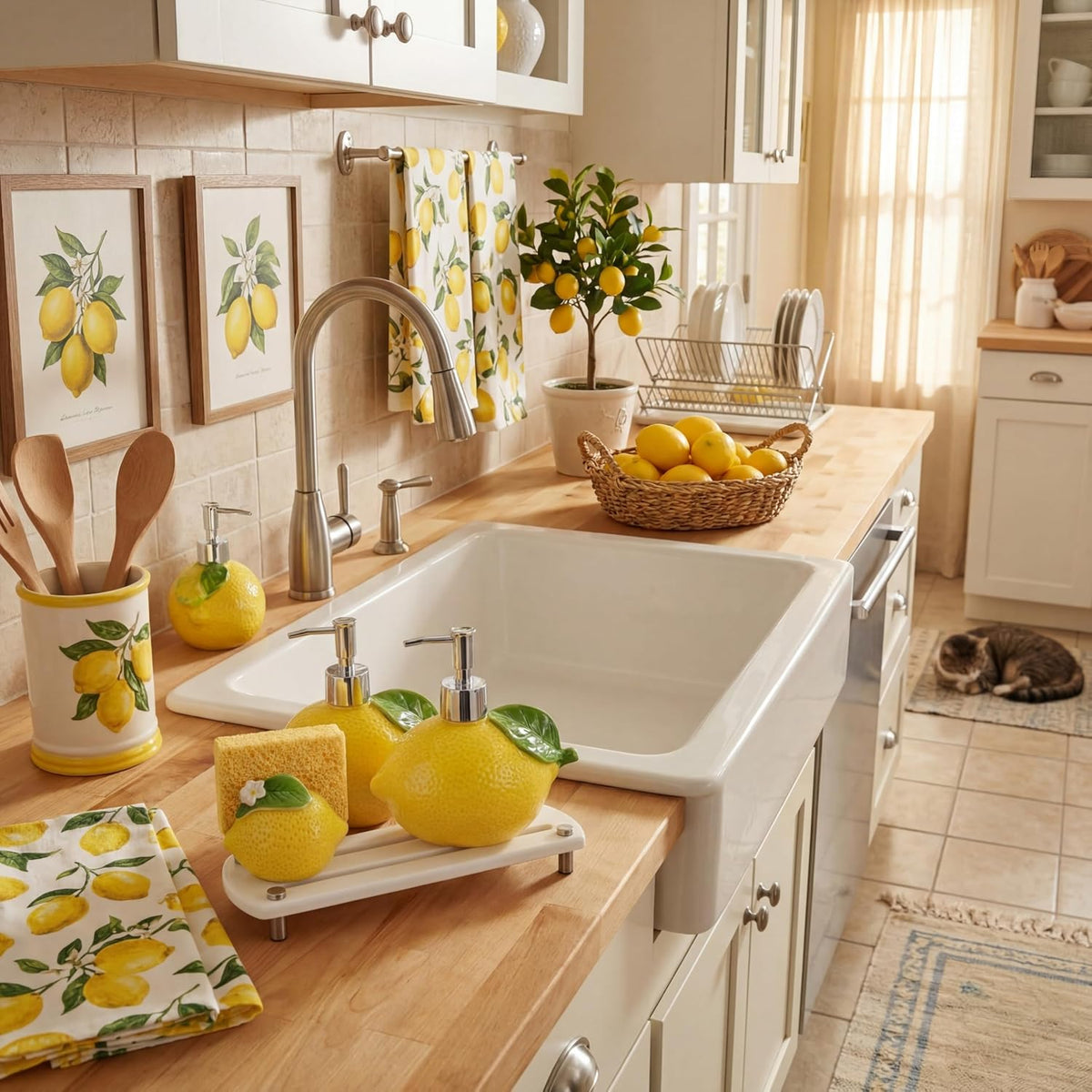 4 Pcs Lemon Kitchen Decor Ceramic Soap Dispenser Set