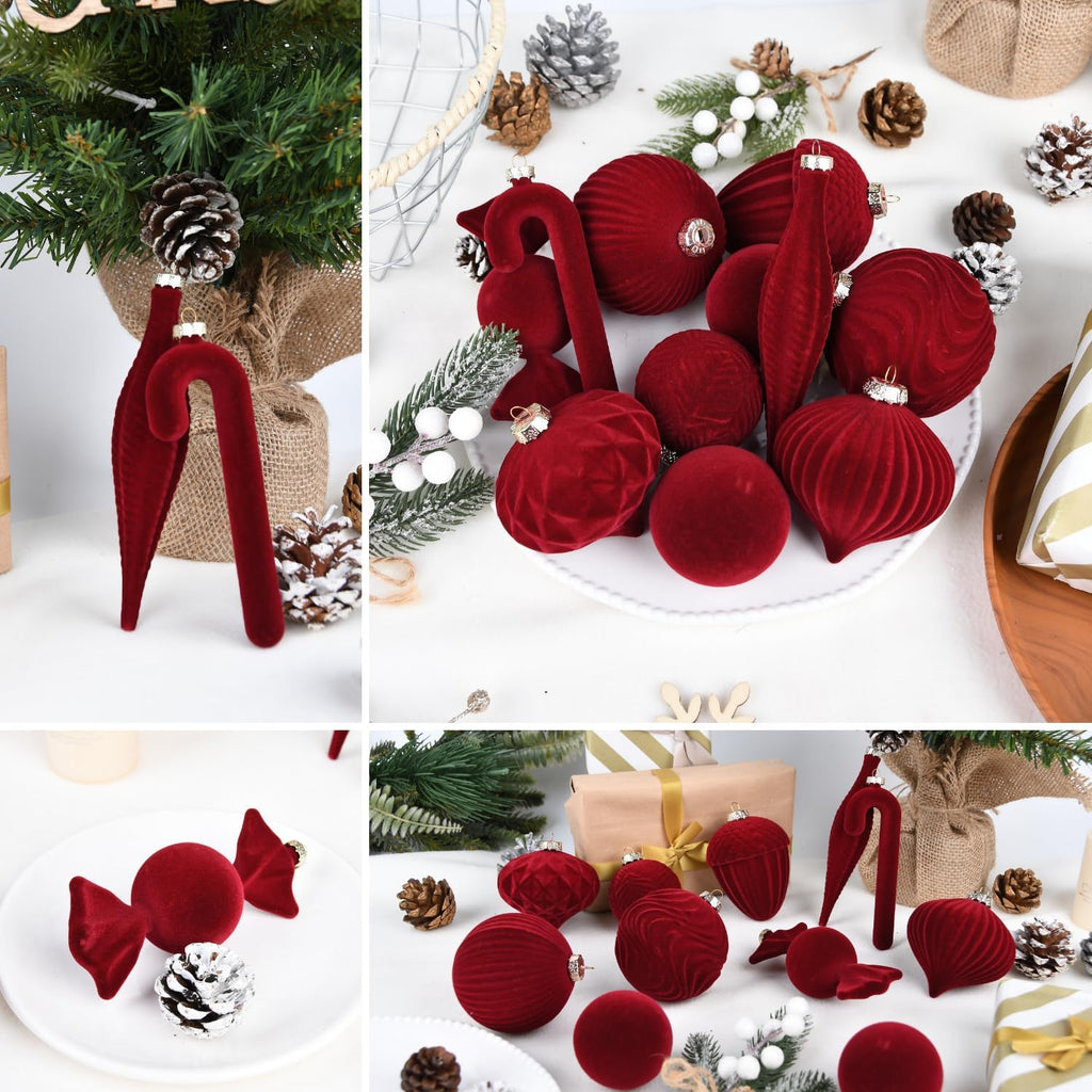 Velvet Ornaments for Christmas Tree Decorations - Burgundy Flocked Christmas Ornament Set for Winter Holiday Decor - Shatterproof Xmas Balls Ornaments Bulk - Pack of 24