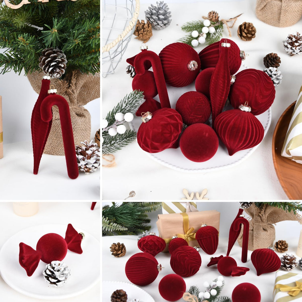 Velvet Ornaments for Christmas Tree Decorations - Burgundy Flocked Christmas Ornament Set for Winter Holiday Decor - Shatterproof Xmas Balls Ornaments Bulk - Pack of 24