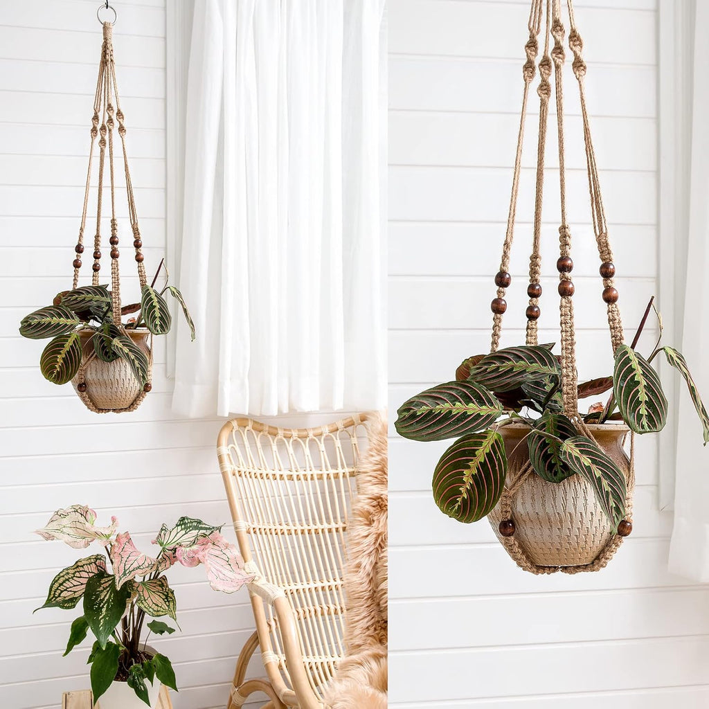 Mkono Macrame Plant Hangers Indoor Jute Hanging Planter Basket and Ceiling Hooks, Wood Beads Decorative Flower Pot Holder for Indoor Outdoor Boho Home Decor,Brown，Set of 2