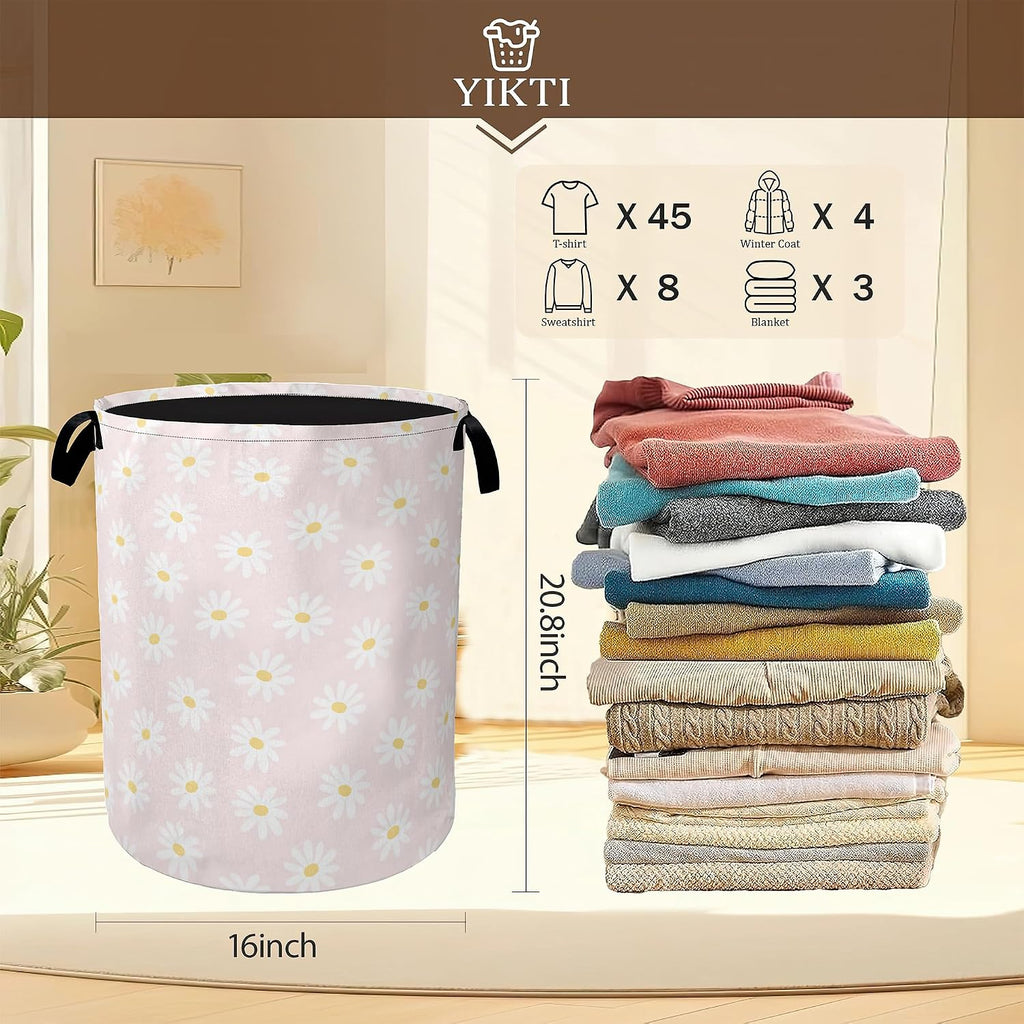 Pink Daisy Flower Laundry Hamper,Spring Floral Clothes Hamper for Laundry,Waterproof Oxford Toy Storage Collapsible Hampers for Bedroom, Dorm Room,Bathroom,16x20 Inch