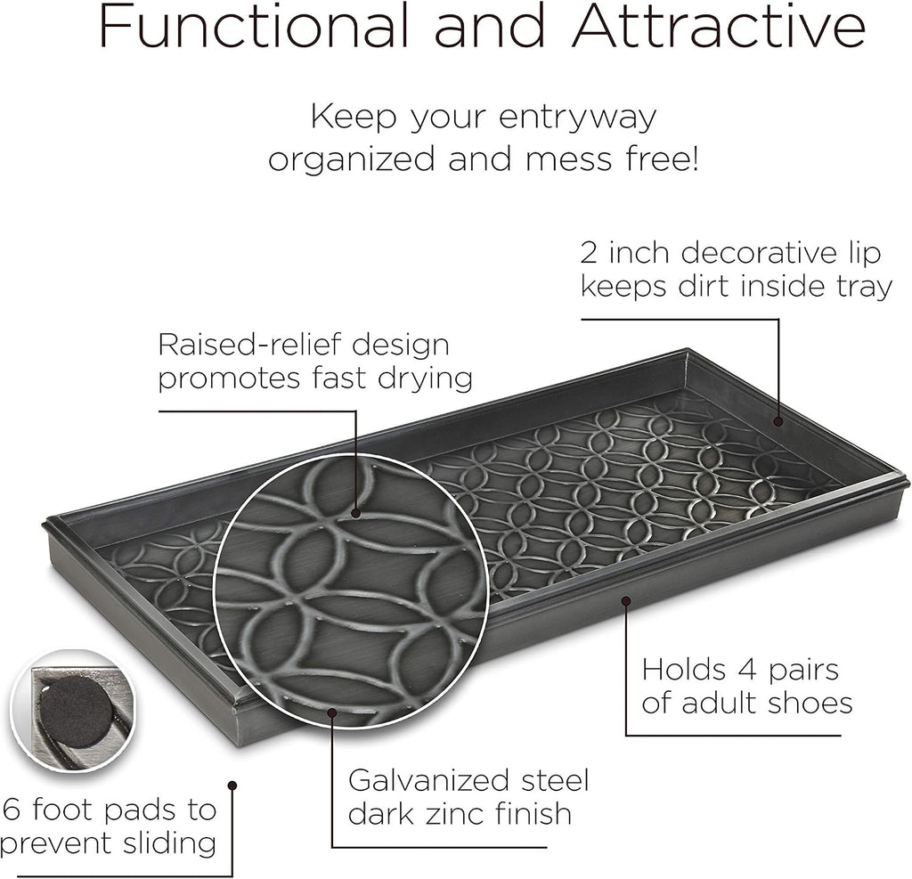 Good Directions Medium Boot Tray, Double Circles Multi-Purpose All Weather Decorative Tray, Shoes, Plants, Pet Bowls, 30x13x2 Inch, Dark Zinc Gray Steel