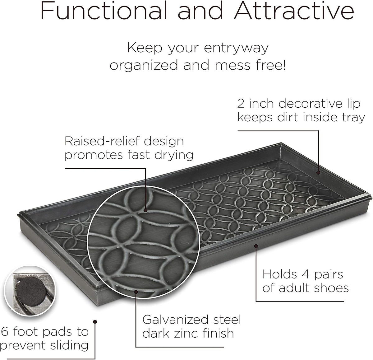 Good Directions Medium Boot Tray, Double Circles Multi-Purpose All Weather Decorative Tray, Shoes, Plants, Pet Bowls, 30x13x2 Inch, Dark Zinc Gray Steel