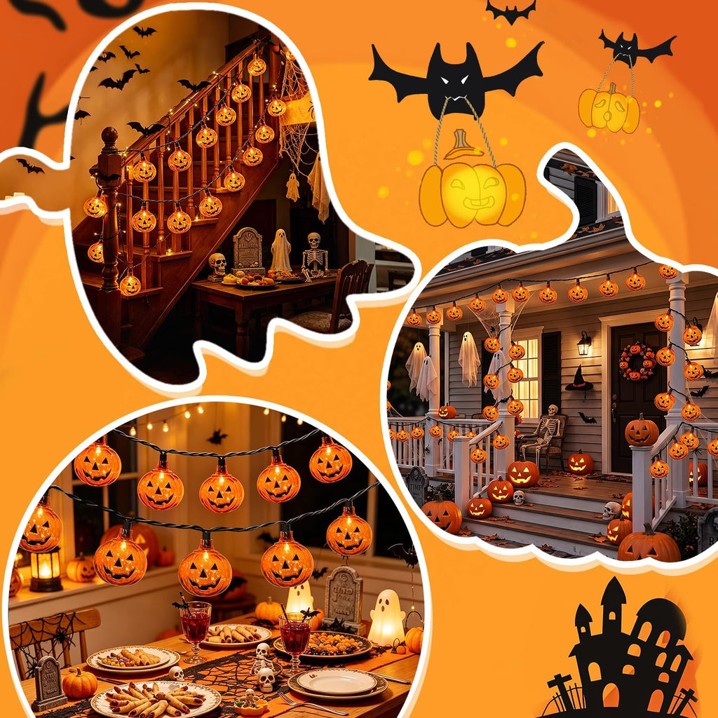 12Ft 20 LED Halloween Pumpkin String Lights Plug in Jack O Lantern Lights with Spooky Smile, 0.07W Energy-efficient LED Pumpkin Lights Outdoor Waterproof for Home Indoor Outdoor Halloween Decorations