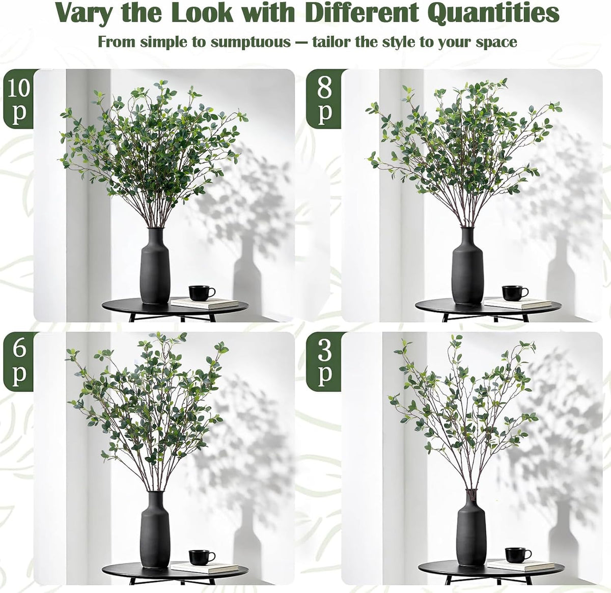 10Pcs Artificial Greenery Stems 43" Faux Ficus, Eucalyptus Stems