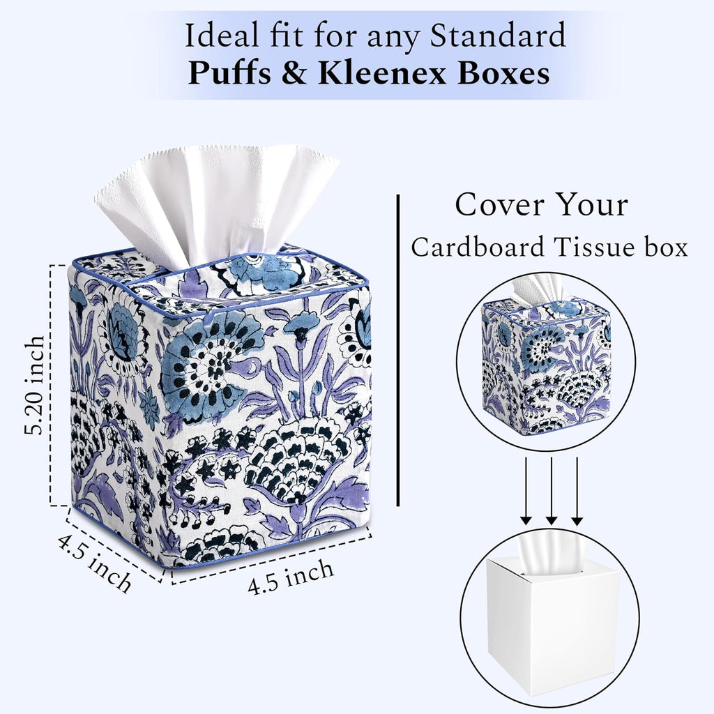 CPC 100% Cotton Piping Block Print Tissue Box Cover, Indigo Blue