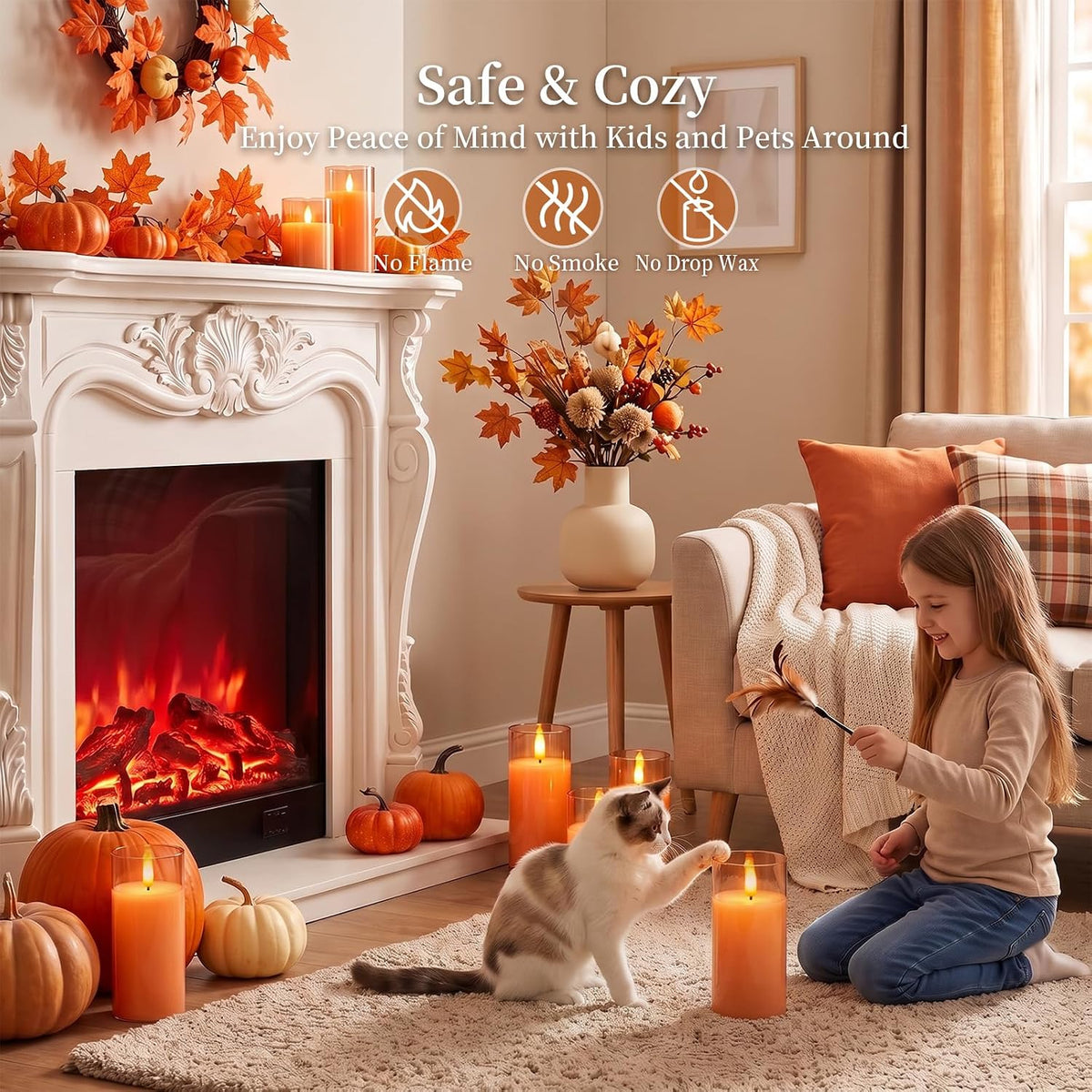 Amagic Orange Halloween Glass Flameless LED Pillar Candle with Remote Timer