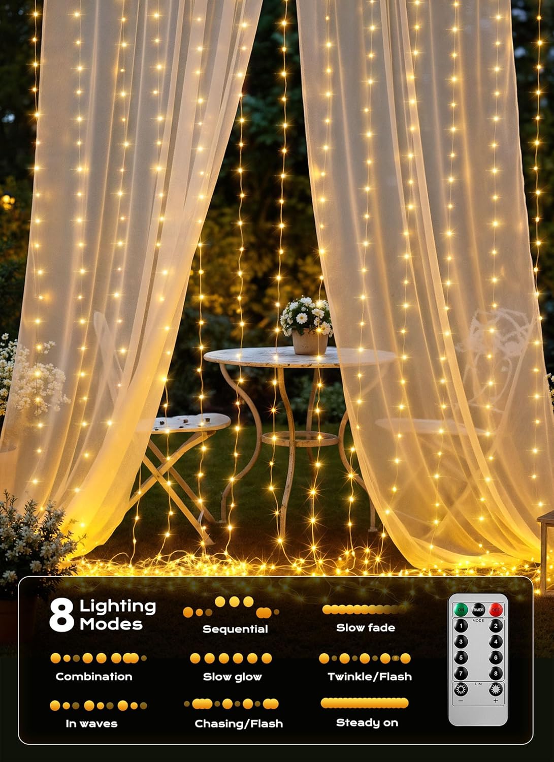 Brightown 600 LED Curtain Lights, 20 FT Plug in Fairy Lights for Bedroom, 8 Lighting Modes, Christmas String Lights for Window Wall Wedding Party Birthday Christmas Decorations, Warm White