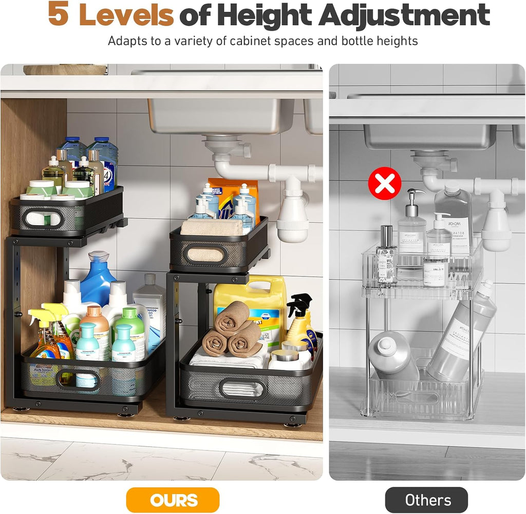 2 Pack 15.7IN-Depth Under Sink Organizer With Smooth Cylindrical Rail,2-Tier Pull Out Multi-Purpose Cabinet Storage for Bathroom&Kitchen,Height Adjustable,Rust-resistant Coating-Black