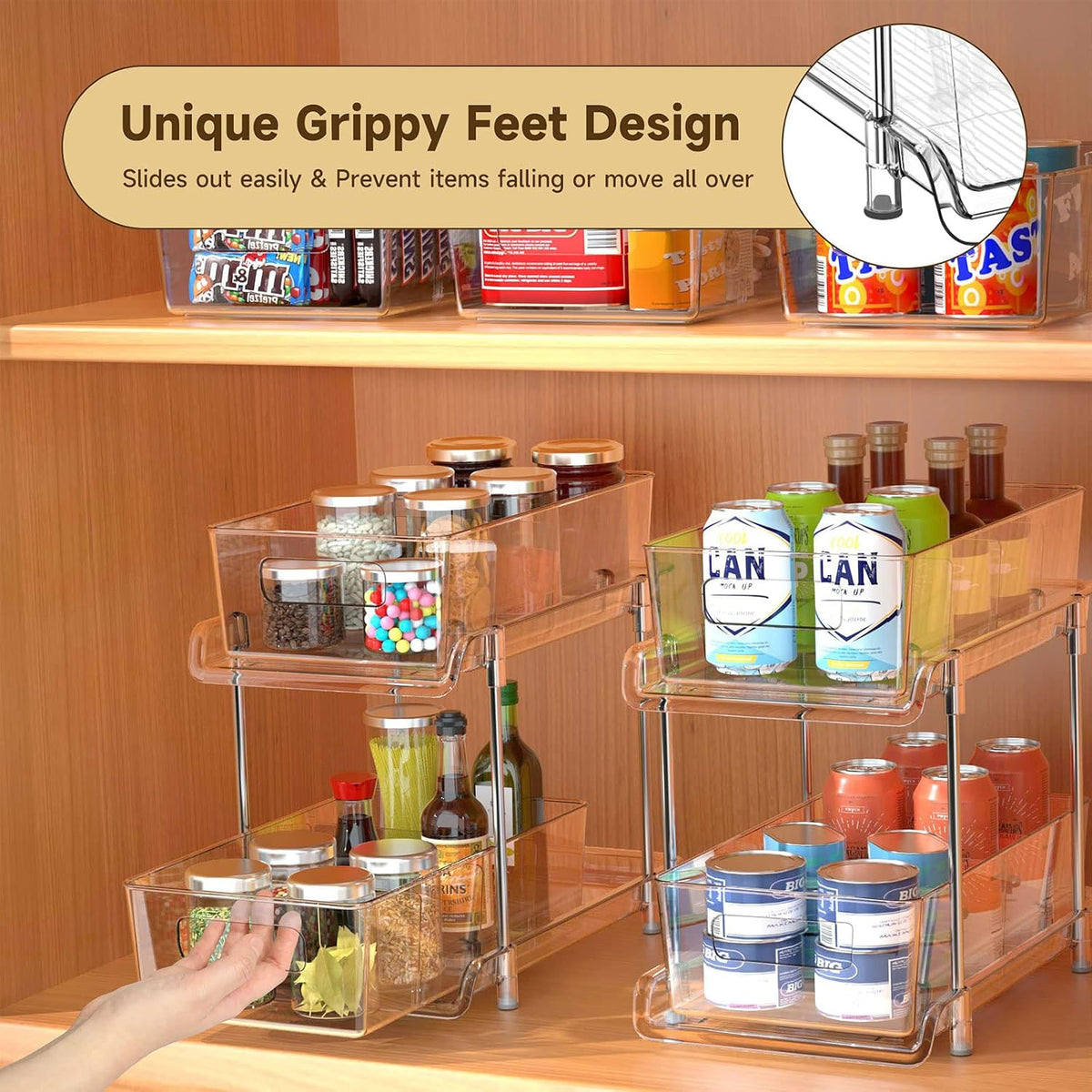 HIHEGD 2-Tier Bathroom Organizer with Dividers, Clear Under Sink and Pull-Out Cabinet Organizer for Kitchen and Pantry Storage