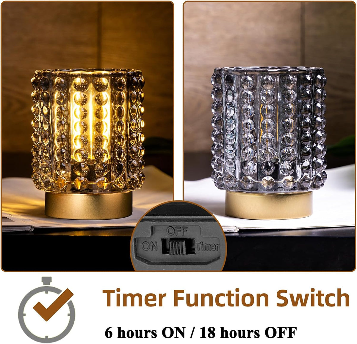 Battery Operated Lamp Timer, Small Cordless Lamp Decorative, 2 Pack Grey