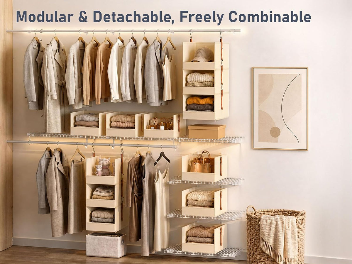 DIMJ Hanging Closet Organizer - 6-Tier Modular Hanging Shelves with Zippers Hooks, Collapsible Baskets for RV, Dorm, Small Spaces, Fabric Storage Bins for Clothes, Handbags