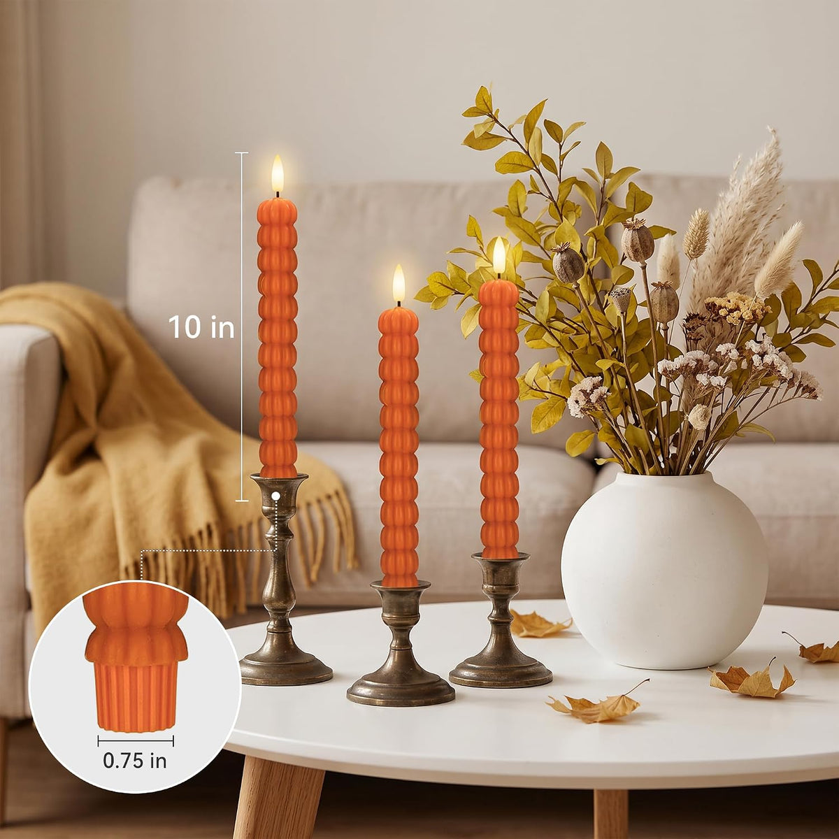 Pumpkin Taper Candles, Fall Flameless Candles, Halloween, Orange, Set of 3