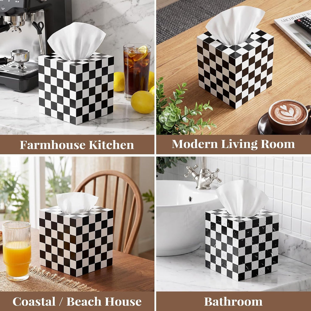 Tissue Box Cover, Square, Classic Checkerboard Pattern, Plastic, Modern