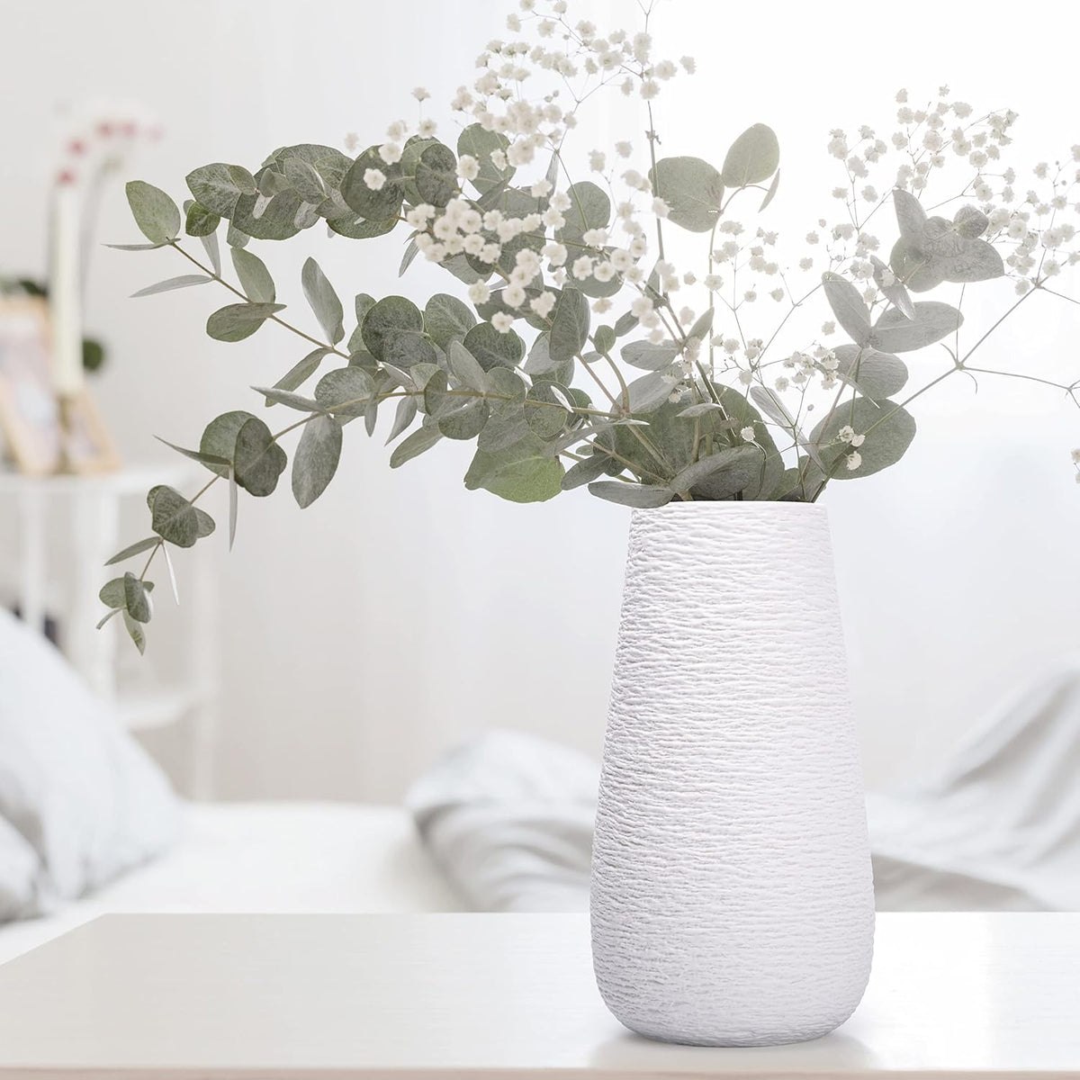 D'vine Dev 12 Inch Textured White Elegant Oval Ceramic Vase for Flowers, Home Décor Vase with Design Box, VS-LD-C-1