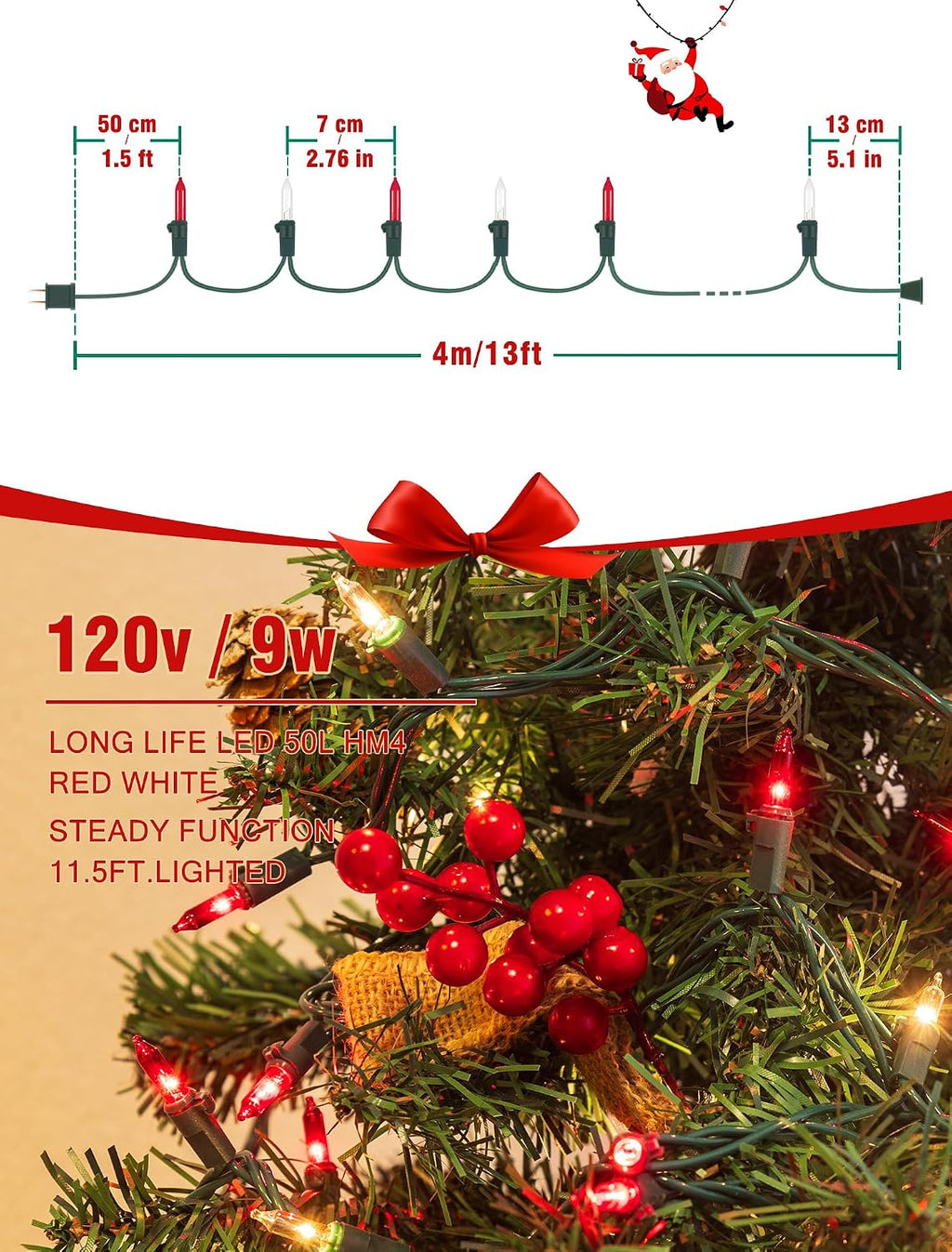 Hopolon Red Warm White Christmas Lights, 2 Pack 50 Count 13FT Green Wire