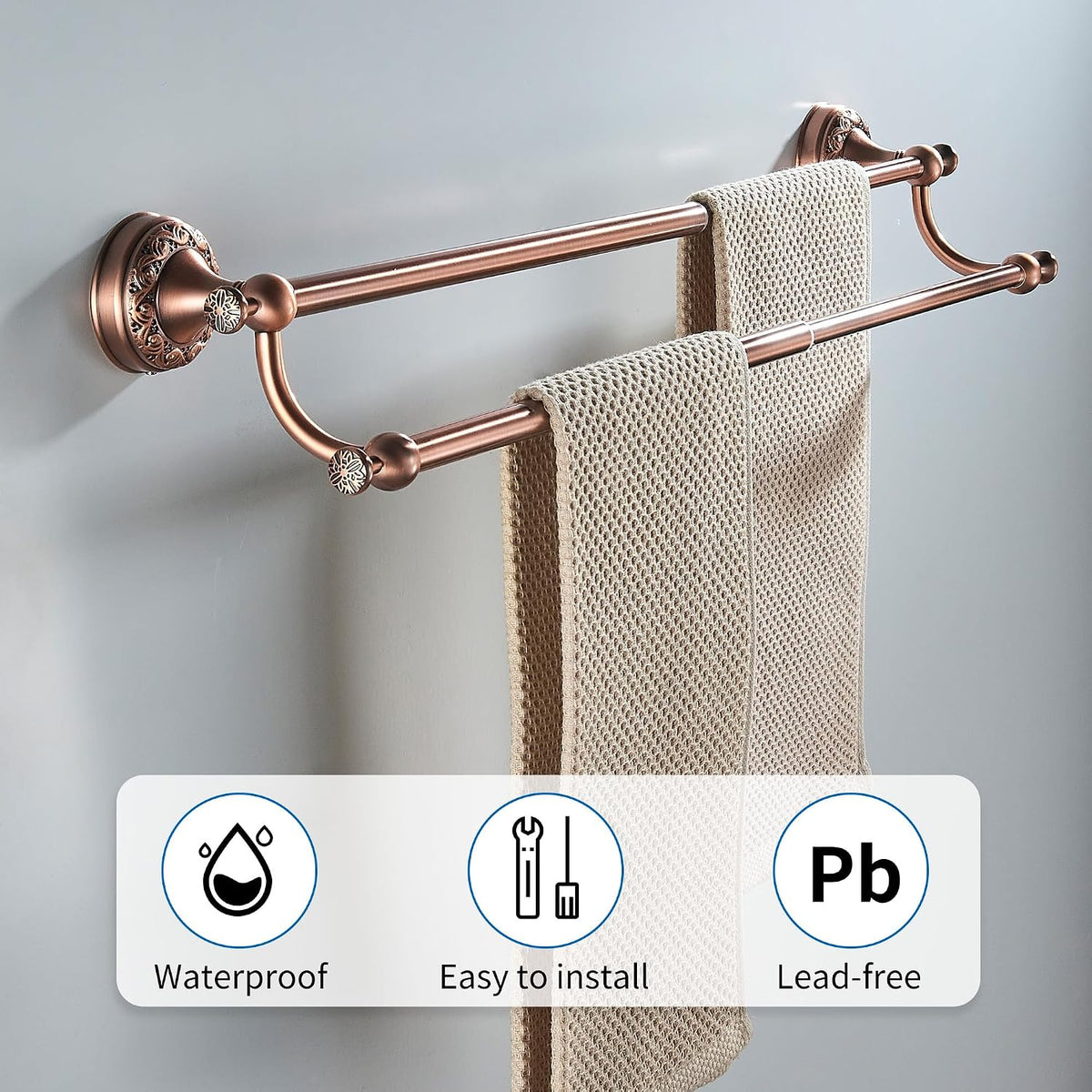 Red Copper Double Towel Bar, Adjustable 15.5 to 27.5 Inch Bath Towel Rack for Bathroom Towel Holder, Wall Mounted Black Bathroom Hardware Accessories,Pattern Carving Design