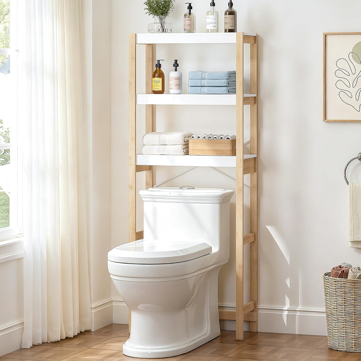 UTEX 3-Tier Over the Toilet Storage Shelf with Bamboo Frame, White