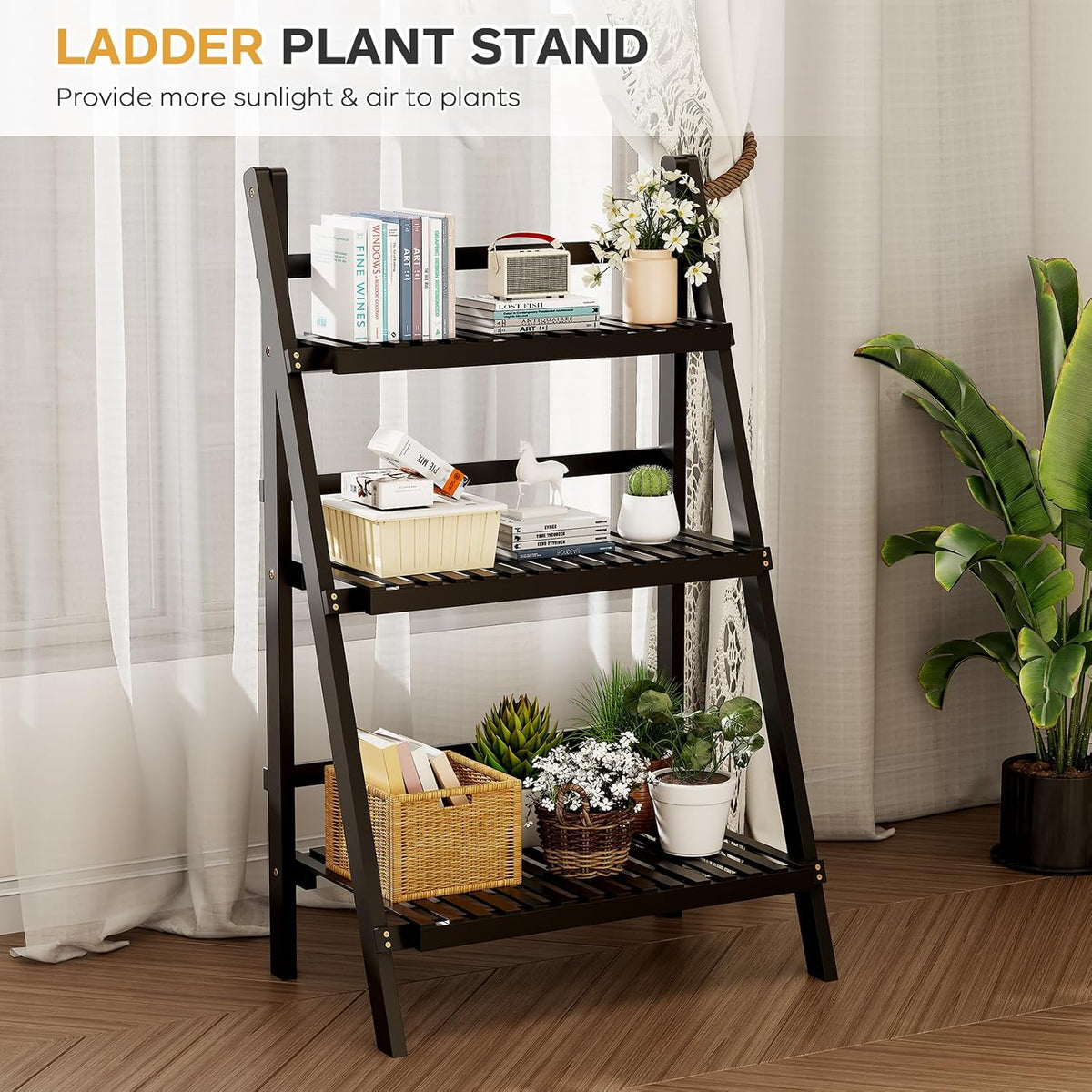 39.4" Foldable Ladder Shelf Plant Shelf, 3 Tier Bamboo Ladder Bookshelf