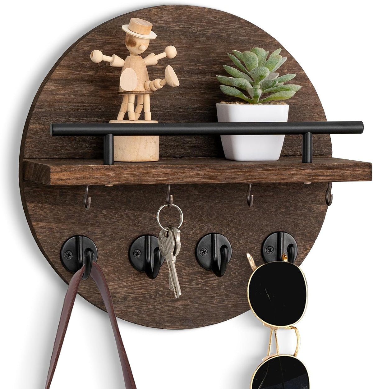 10.2" Key Holder Wall Mount with Shelf & Mail Organizer, 8 Hooks Brown