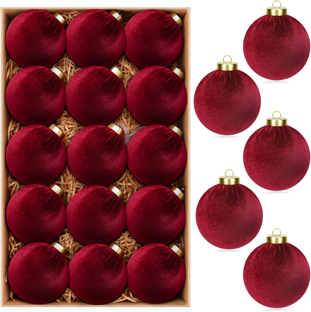 15 Pcs 3.15" Velvet Christmas Ornaments Balls, Xmas Tree Decor-Wine Red
