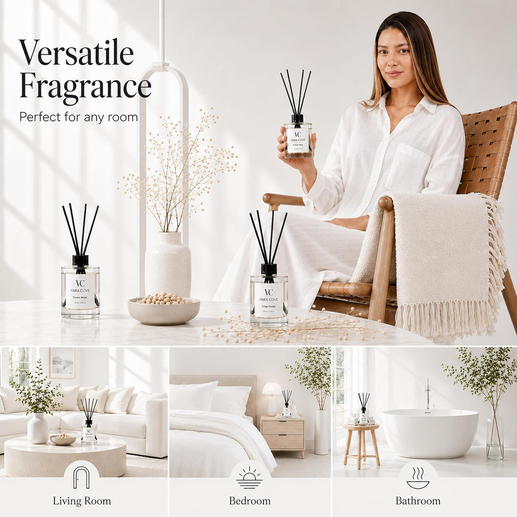 Reed Diffuser Set 3 Pack Premium Reed Diffusers Amber Mist, Crisp Cedar & Forest Moss Scents Long Lasting Home Fragrance Gift Set for Bathroom, Home & Office