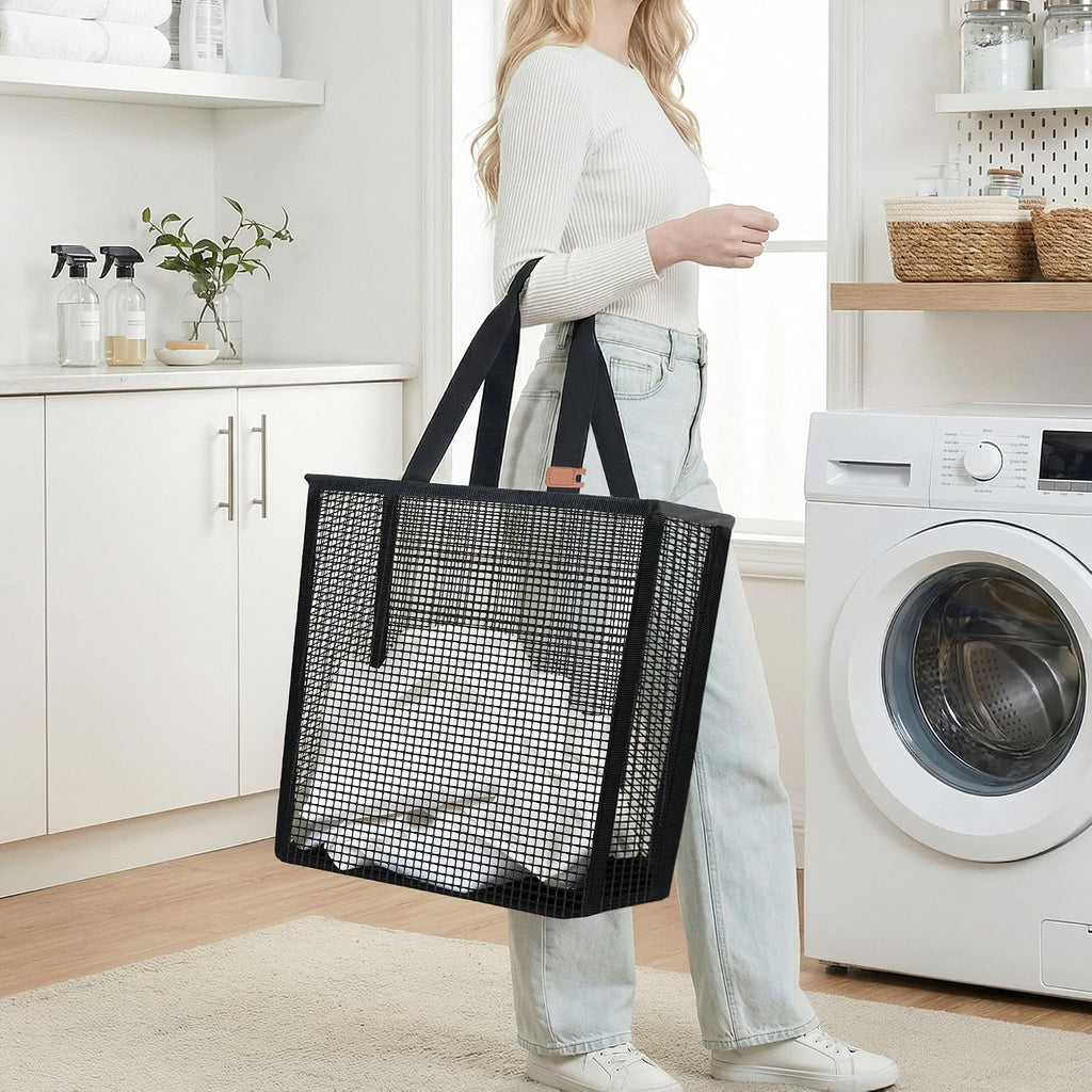 STORAGE MANIAC Collapsible Laundry Basket, 16.9 Gal. Large Pop-up Laundry Hamper with Long Carry Handles, Space-Saving Foldable Clothes Hamper with Bottom Elastic Band, Travel Laundry Bags, Mesh Black