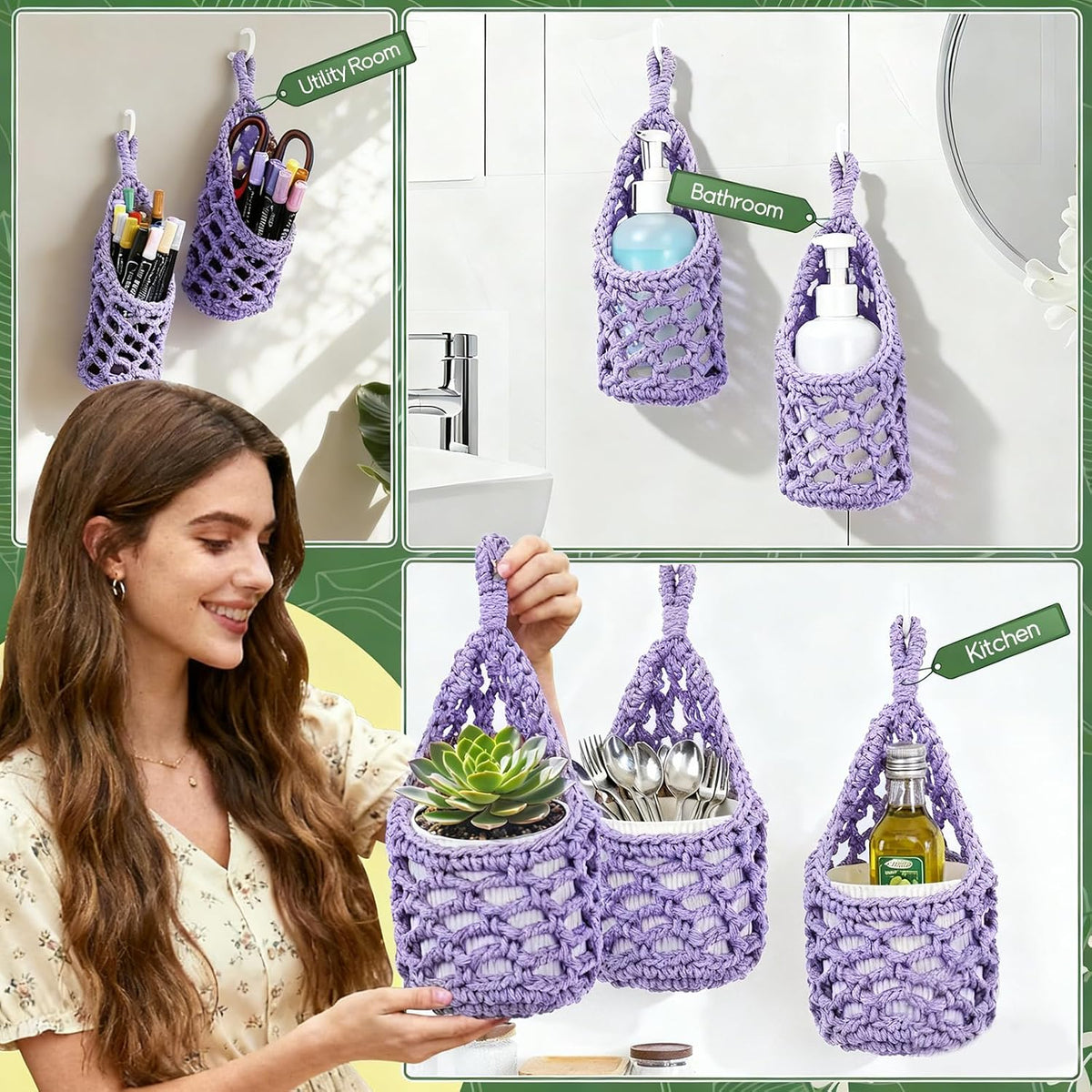 Macrame Wall Plant Hanger, Small Hanging Planter Basket Holder, Wall Planters for Indoor Plants, for Up to 4 Inch Pot (Purple, 4-Inch)