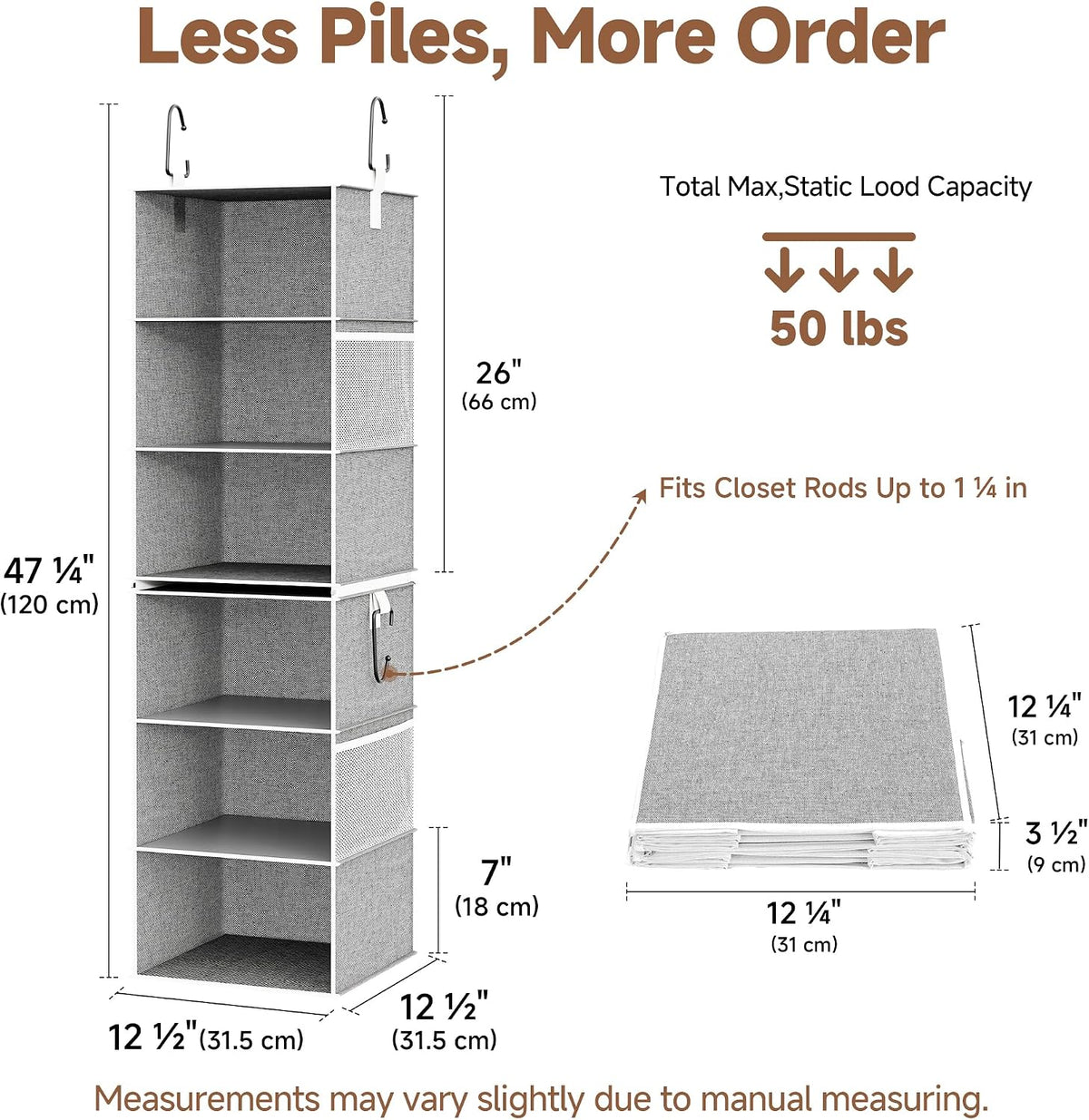 StorageWorks Hanging Closet Organizer, 6-Shelf with 2-in-1 Design, Gray