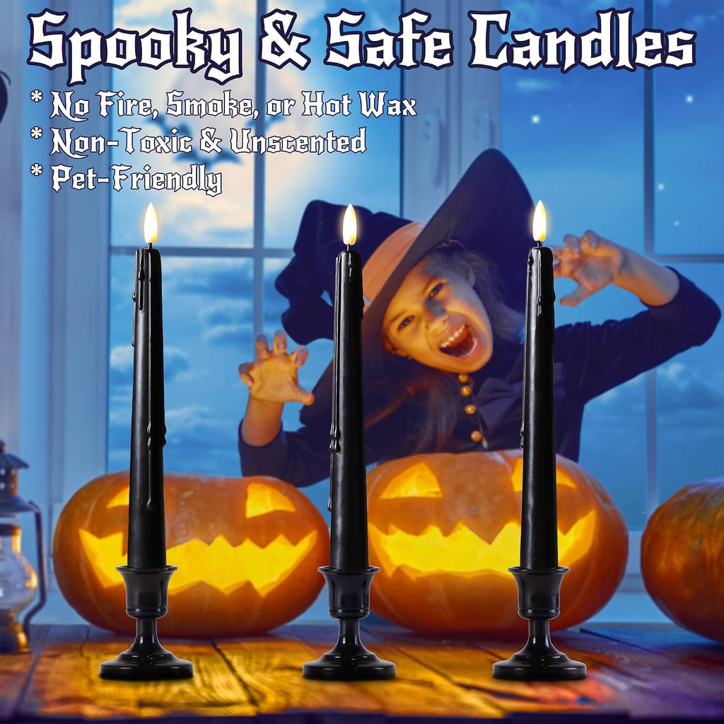 Stmarry Black Flameless Taper Candles with Remote and Timer - 9.65 Inch Real Wax LED Candlesticks - Wax Drip Battery Operated Halloween Taper Candles with 3D Flickering Flame Halloween Decor, 3 Pack