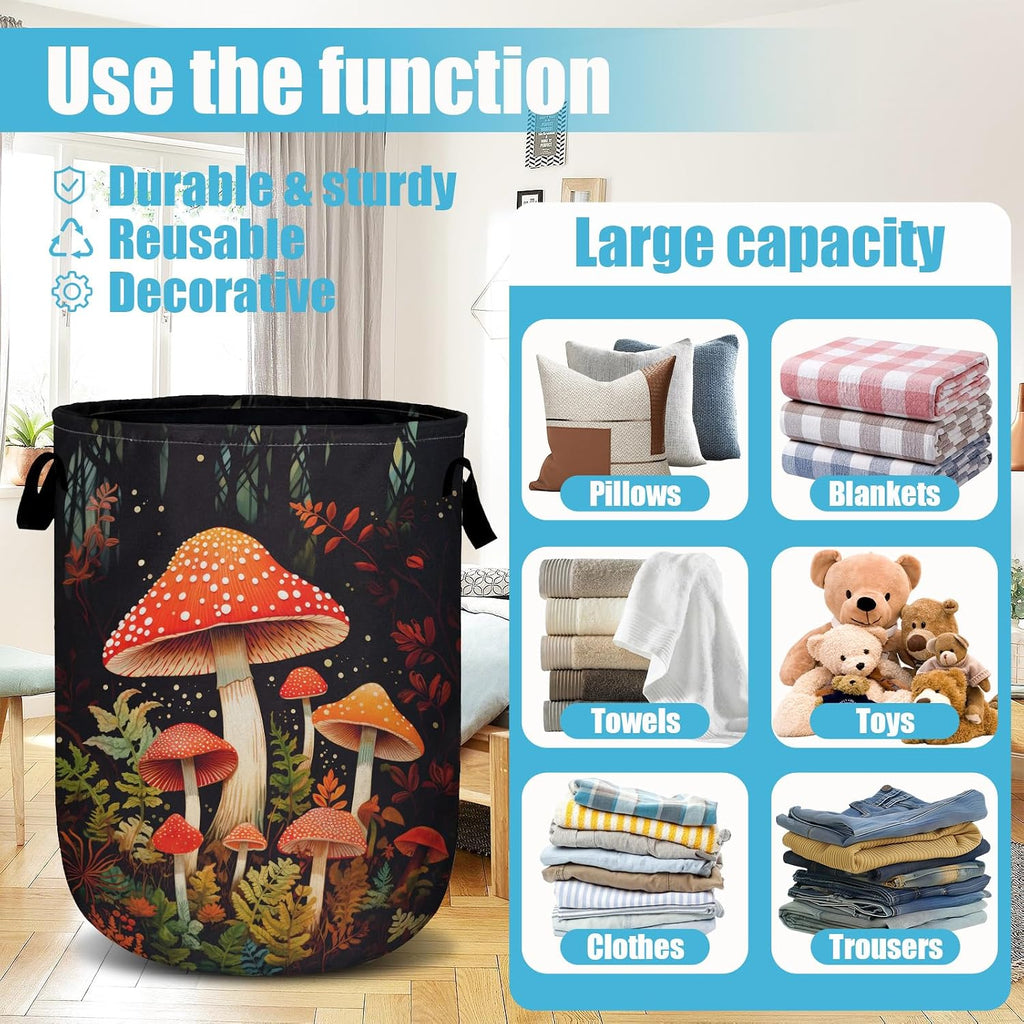 Mushrooms Forest Laundry Basket, Laundry Hamper Collapsible Oxford Cloth with Handle Clothes Storage Bin for Bathroom Laundry Room Bedroom 15.7 X 20 Inch