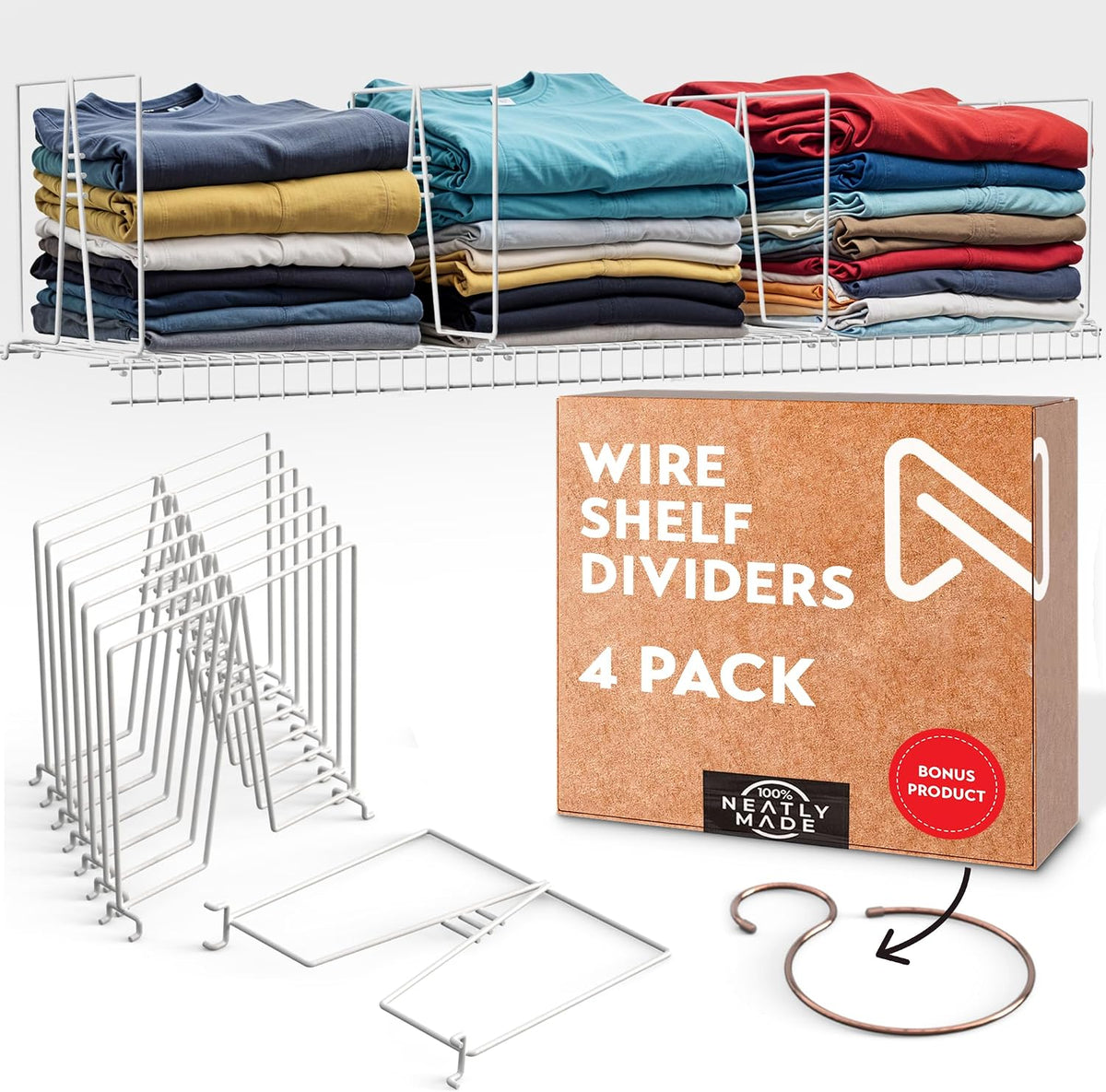 Tall Wire Shelf Dividers for Closet Organization – 4 Pack for 16 Inch Wire Shelves Only - Measure Before You Buy - Sturdy and Easy Set-Up with Bonus Rose Gold Hanger