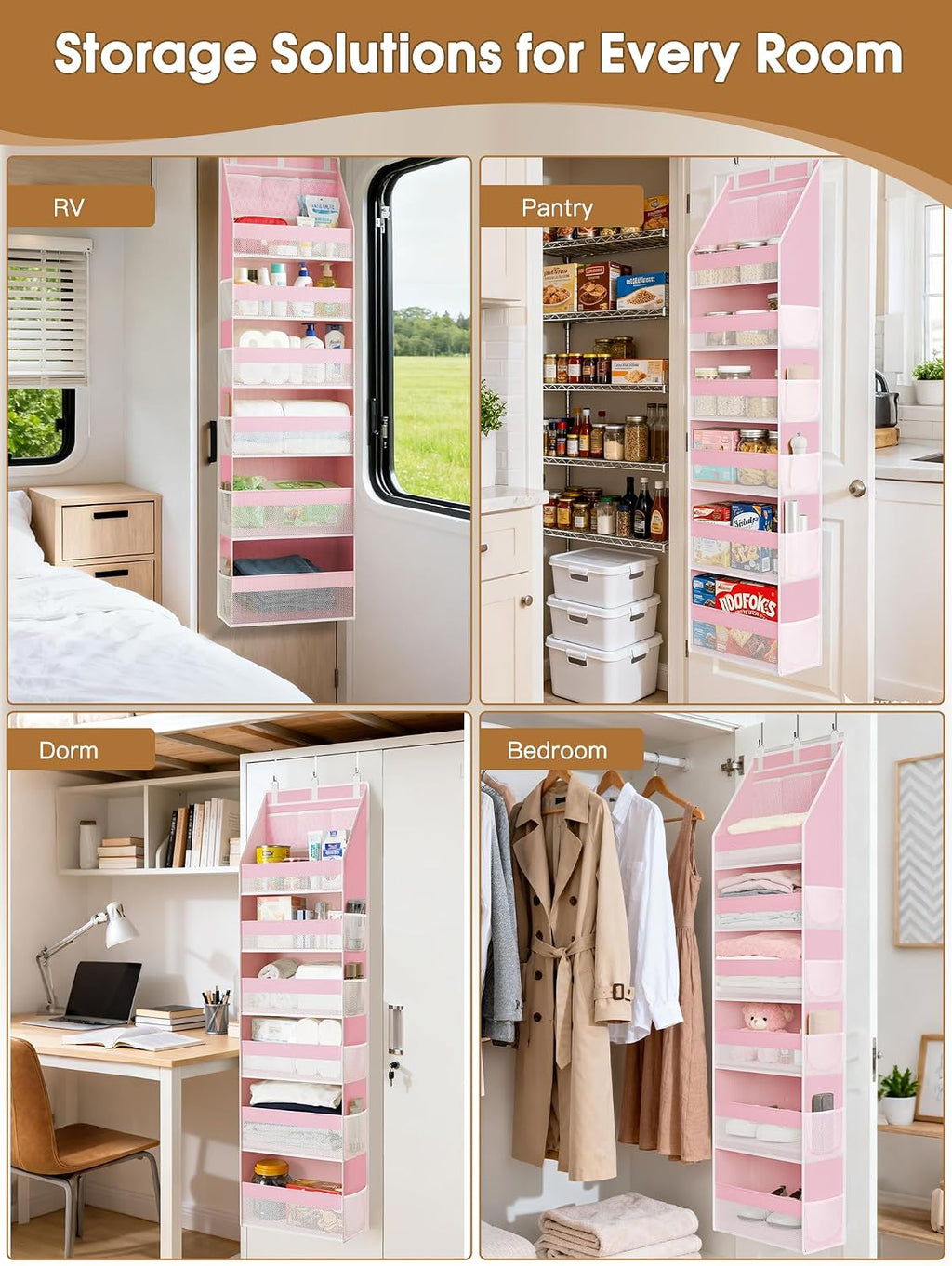 Criusia 2 Pack Over the Door Organizer, 6-Shelf Closet Hanging Storage with 13 Mesh Pockets, 55lbs Capacity Behind the Door Storage for Baby Nursery, Bathroom, Bedroom, and Dorm, Pink