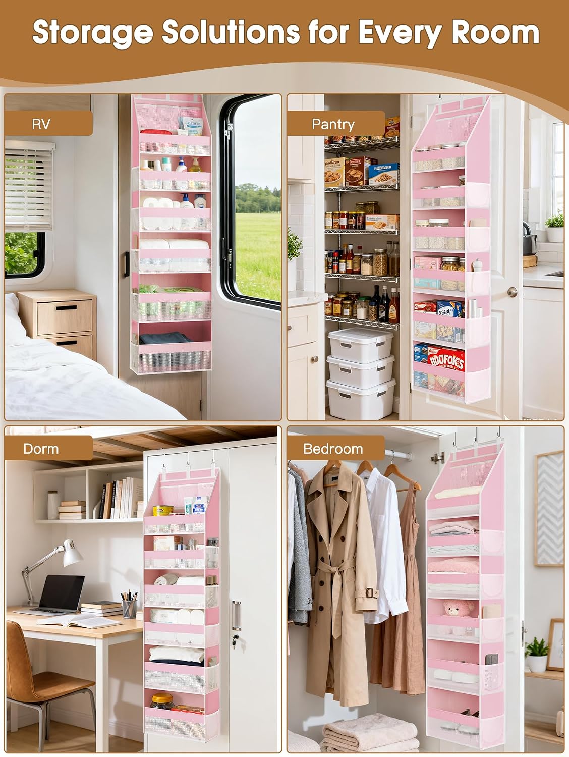 Criusia 2 Pack Over the Door Organizer, 6-Shelf Closet Hanging Storage with 13 Mesh Pockets, 55lbs Capacity Behind the Door Storage for Baby Nursery, Bathroom, Bedroom, and Dorm, Pink